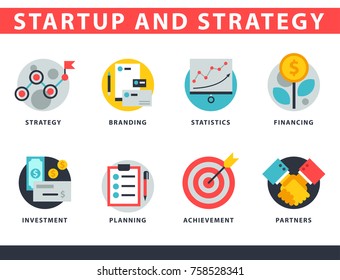 Startup and strategy web busines icon set for websites ui management finance start up vector illustration.