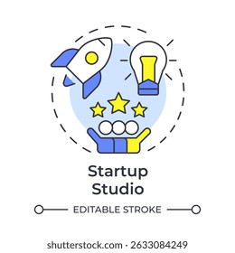 Startup studio multi color concept icon. Teamwork, collaboration. Resources allocation. Round shape line illustration. Abstract idea. Graphic design. Easy to use in infographic, brochure