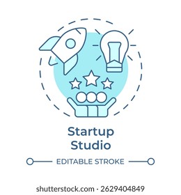 Startup studio soft blue concept icon. Teamwork, collaboration. Resources allocation. Round shape line illustration. Abstract idea. Graphic design. Easy to use in infographic, brochure