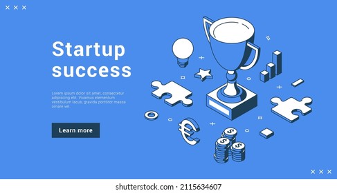 Startup success business achievement developing strategy financial growth solving problem landing page isometric vector illustration. Creative innovation idea leadership with cup championship award