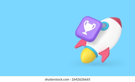 Startup success business marketing management strategy copy space banner. Corporate achievement challenge goal motivation winner solution development spaceship with flame and cup
