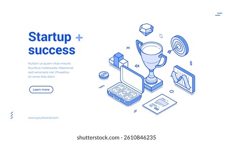 Startup success business productivity efficiency strategy isometric web banner monochrome vector illustration. Victory marketing strategy development corporate management innovation idea leadership