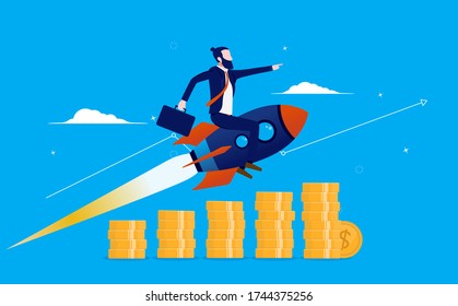 Startup Success - Businessman On Rocket Pointing In Forward Direction And Flying Over A Raising Graph Made Of Money. Successful Business, Growth And The Way Forward Concept. Vector Illustration.