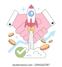 Startup Success concept. Rocket launch from a clenched fist, coins and growth arrows, signifying business growth and entrepreneurial triumph. Flat vector illustration.