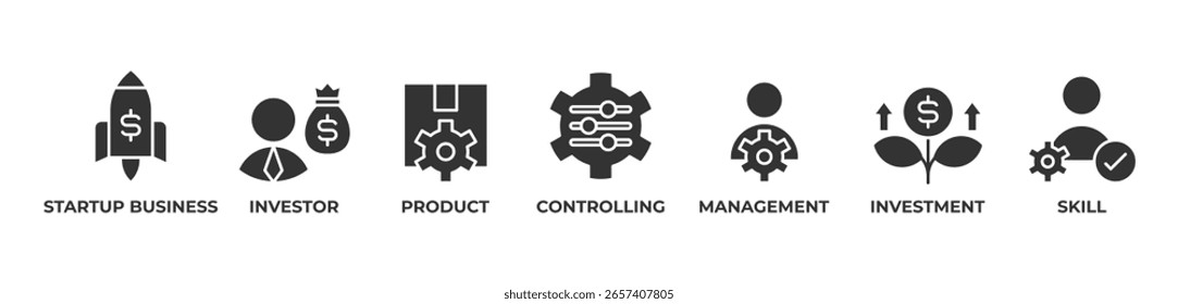 Startup Success Framework Icons set vector illustration glyph with Startup business, Investor, Product, Controlling, Management, Investment, Skill 