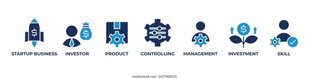 Ícones da estrutura do sucesso da inicialização definem a ilustração do vetor azul com o negócio da inicialização, investidor, produto, controlando, gestão, investimento, habilidade 