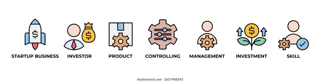 Los iconos del marco de éxito de inicio establecen el color de la Ilustración vectorial con el negocio de inicio, inversor, Producto, control, gestión, inversión, habilidad 