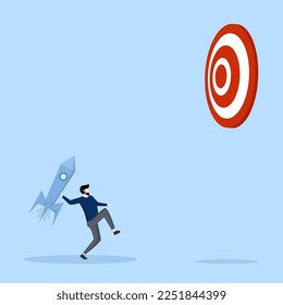 Startup success goal concept, new product launch aims to win business achievement, marketing goal or target, confident entrepreneur launches new rocket to hit bullseye dartboard target.