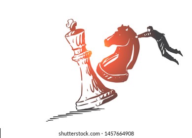 Startup, success, leadership concept sketch. Businessman flying and beating chess queen with chess knight. Hand drawn isolated vector illustration