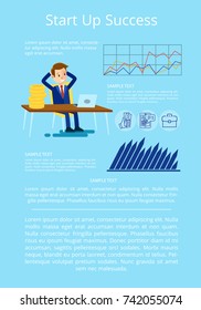 Startup success presentation on poster with graphs, charts and happy businessman. Background of vector illustration with startup ideas on light blue background
