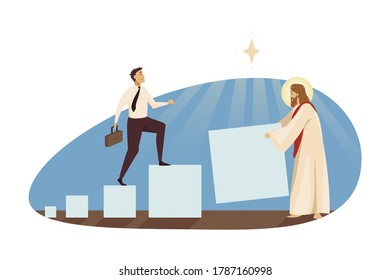 Startup, success, religion, christianity, help, business concept. Jesus Christ son of God helping happy young businessman moving to shining sky star. Divine support and goal achievement illustration.