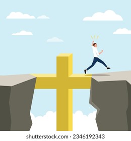 Startup, éxito, religión, cristiandad, ayuda, concepto de negocios. Jesucristo hijo de Dios ayudando a feliz joven hombre de negocios a cruzar el precipicio. Ilustración vectorial plana aislada en fondo blanco