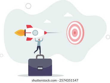 Startup success target, launch new product aim for win business achievement, marketing goal or target, project plan concept.flat characters.