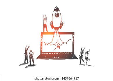 Startup, success, teamwork, coworking, partnership concept sketch. Happy business people looking at laptop with taking off rocket on screen and jumping from joy. Hand drawn isolated vector