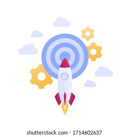 Startup and successful innovation business launch concept. Vector flat illustration. Fly rocket in sky aim target. Gear wheel engineering symbol. Design element for banner, poster, web