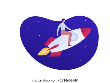 Startup And Successful Innovation Business Launch Concept. Vector Flat Person Illustration. Man Character Sit On Rocket Fly High In Night Sky Isolated On White. Design Element For Banner, Poster, Web