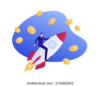 Startup and successful innovation business launch concept. Vector flat person illustration. Businessman character sit on rocket fly in sky. Coin money sign. Design element for banner, poster, web
