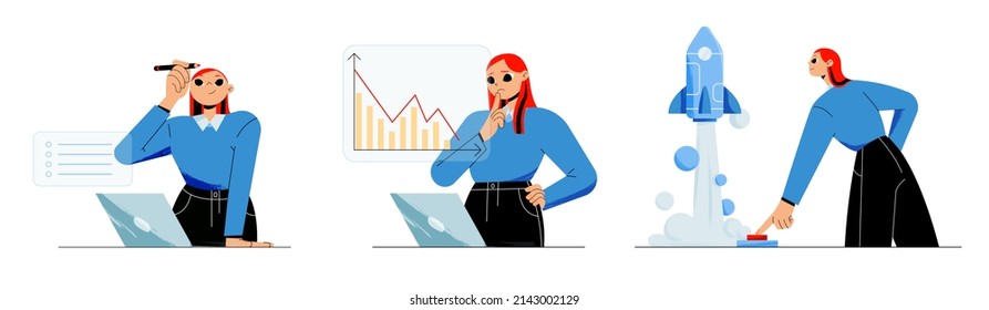 Startup successful launch business project boost. Employee man push on start button and rocket fly up. Manager woman analysing company statistics on laptop in office, Line art flat vector illustration