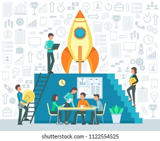 Startup. Successful teamwork. Meeting. Vector illustration.