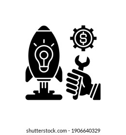 Inicio soporta icono de glifo negro. Ayudar a una empresa joven fundada por un empresario a desarrollar un producto o servicio único y llevarlo al mercado. Símbolo de silueta en el espacio blanco. Ilustración aislada del vector