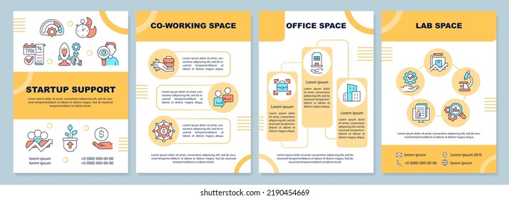 Startup support orange brochure template. Office and lab space. Leaflet design with linear icons. Editable 4 vector layouts for presentation, annual reports. Arial-Black, Myriad Pro-Regular fonts used