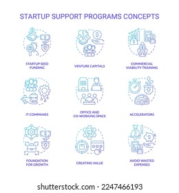 Startup support programs blue gradient concept icons set. Funding small business idea thin line color illustrations. IT companies. Isolated symbols. Roboto-Medium, Myriad Pro-Bold fonts use