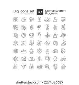 Startup support programs linear icons set. Financial support for business. Investments. Development strategy. Customizable thin line symbols. Isolated vector outline illustrations. Editable stroke