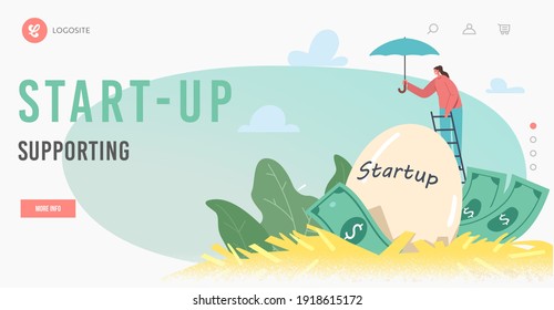 Startup Supporting Landing Page Template. Tiny Businesswoman Character Stand on Ladder Protecting Huge Egg in Nest with Umbrella. Dollar Bills from Birds Jack. Cartoon People Vector Illustration