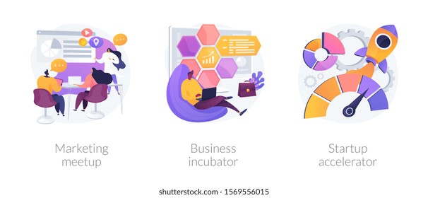 Startup supporting metaphors set. Development of companies, mentoring and training. Marketing meetup, business incubator, startup accelerator . Vector isolated concept metaphor illustrations