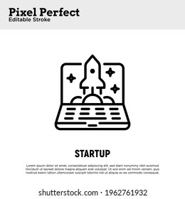 Startup symbol. Innovation, new online business. Rocket on laptop screen. Pixel perfect, editable stroke. Vector illustration.