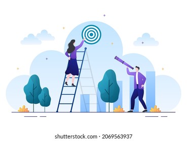 Objetivo de inicio del proceso de desarrollo del negocio, producto de innovación, lanzamiento, flechas de disparo y logro de objetivos en la ilustración de vectores planos