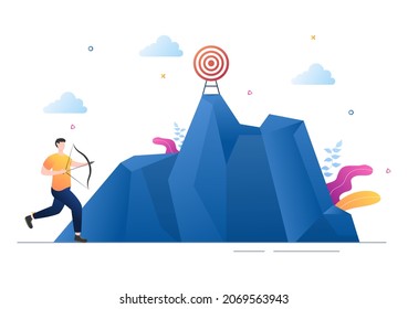 Startup Target of Business Development Process, Innovation Product, Launch, Shoot Arrows and Goal Achievement in Flat Vector Illustration