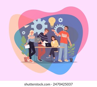 Lluvia de ideas del equipo de inicio. Hombres y mujeres jóvenes con portátiles, bombilla, ruedas dentadas trabajando juntos Ilustración vectorial plana. Trabajo en equipo, concepto de creatividad para el Anuncio, diseño de Sitios web o Web de aterrizaje 