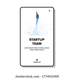 Startup Team Business Fly Man With Jet Pack Vector. Businessman Startup Flying With Booster Rocket Equipment. Character Aspiration Career Boost And Leadership Web Flat Cartoon Illustration