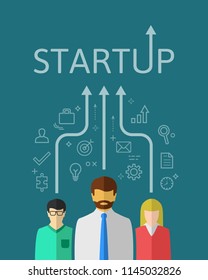 Startup team concept in flat design. Business plan with related thin line icons and arrows moving upwards.