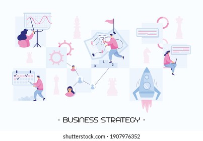 The start-up team develops a business strategy. The manager sets the dates on the calendar. Business analyst analyzes data. Growth strategy or financial. Modern flat people vector illustration. Veсtor