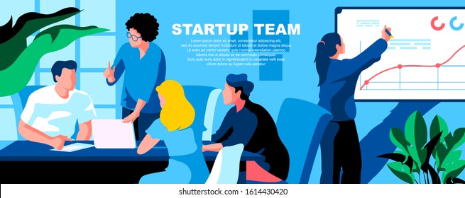 Startup team flat vector landing page template. Business development, project management banner layout with header. Company improvement strategy planning cartoon illustration with text space