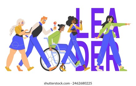 The startup team follows their leader. Group of colleagues. Diversity. Women and men are moving towards the same goal. Successful project, teamwork. Vector flat illustration with characters.