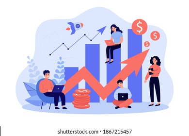 Startup team with laptops analyzing growth chart. Tiny sales managers using computers at increase diagrams and rocket. Vector illustration for successful business project, finance, analysis concept