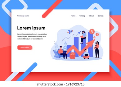 Startup team with laptops analyzing growth chart. Tiny sales managers using computers at increase diagrams and rocket. Vector illustration for successful business project, finance, analysis concept