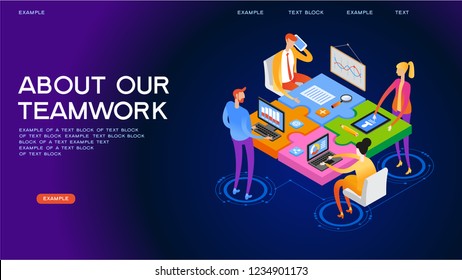 Startup team. People interact with each other, with computers, graphics, puzzles. Goal thinking. 3d isometric vector illustration.  Cooperation construction by agency group.