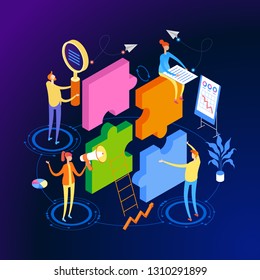 Startup team. People interact with each other, with computers, graphics, puzzles. Goal thinking. Modern 3d isometric vector illustration of web page. 