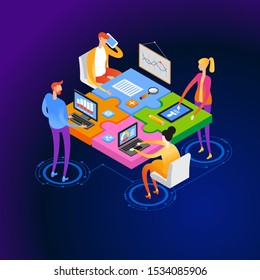 Startup team. People interact with each other, with computers, graphics, puzzles. Goal thinking. Modern 3d isometric vector illustration of web page.  