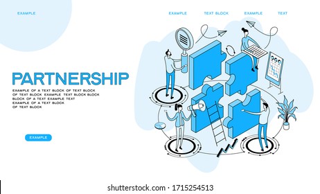 Startup team. People interact with each other, with computers, graphics, puzzles. Goal thinking. Modern 3d isometric vector illustration.  Design concept. Cooperation construction by agency group.