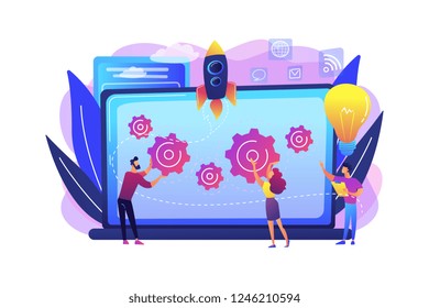 Startup team receive mentoring and training to accelerate growth and laptop. Startup accelerator, seed accelerator, startup mentoring concept. Bright vibrant violet vector isolated illustration