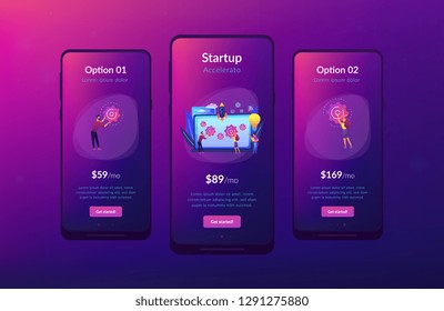 Startup team receive mentoring and training to accelerate growth and laptop. Startup accelerator, seed accelerator, startup mentoring concept. Mobile UI UX GUI template, app interface wireframe