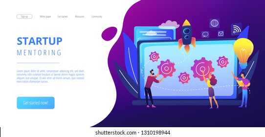 Startup team receive mentoring and training to accelerate growth and laptop. Startup accelerator, seed accelerator, startup mentoring concept. Website vibrant violet landing web page template.