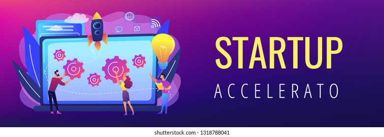 A equipe de start-ups recebe orientação e treinamento para acelerar o crescimento e o uso de notebooks. Acelerador de inicialização, acelerador de semente, conceito de mentoreamento de inicialização. Modelo de banner de cabeçalho ou rodapé com espaço de cópia.