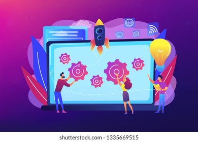 Startup team receive mentoring and training to accelerate growth and laptop. Startup accelerator, seed accelerator, startup mentoring concept. Bright vibrant violet vector isolated illustration