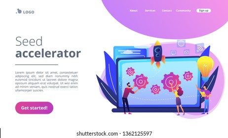 Startup team receive mentoring and training to accelerate growth and laptop. Startup accelerator, seed accelerator, startup mentoring concept. Website vibrant violet landing web page template.